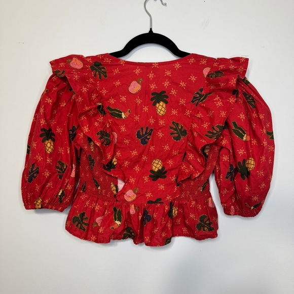 🍍 FARM Rio Red Tropical Print Ruffle Smocked Peplum Blouse (Size P / Small) - Picture 3 of 10